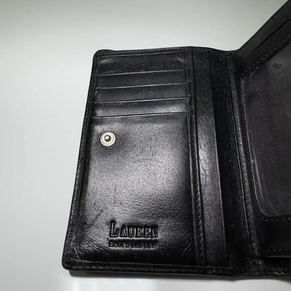 Lauren Ralph Lauren Wallet Black Leather LRL Clutch Compact Card Holder Red VTG